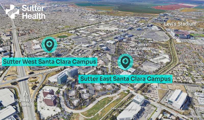 Aerial view East and West Sutter campus locations